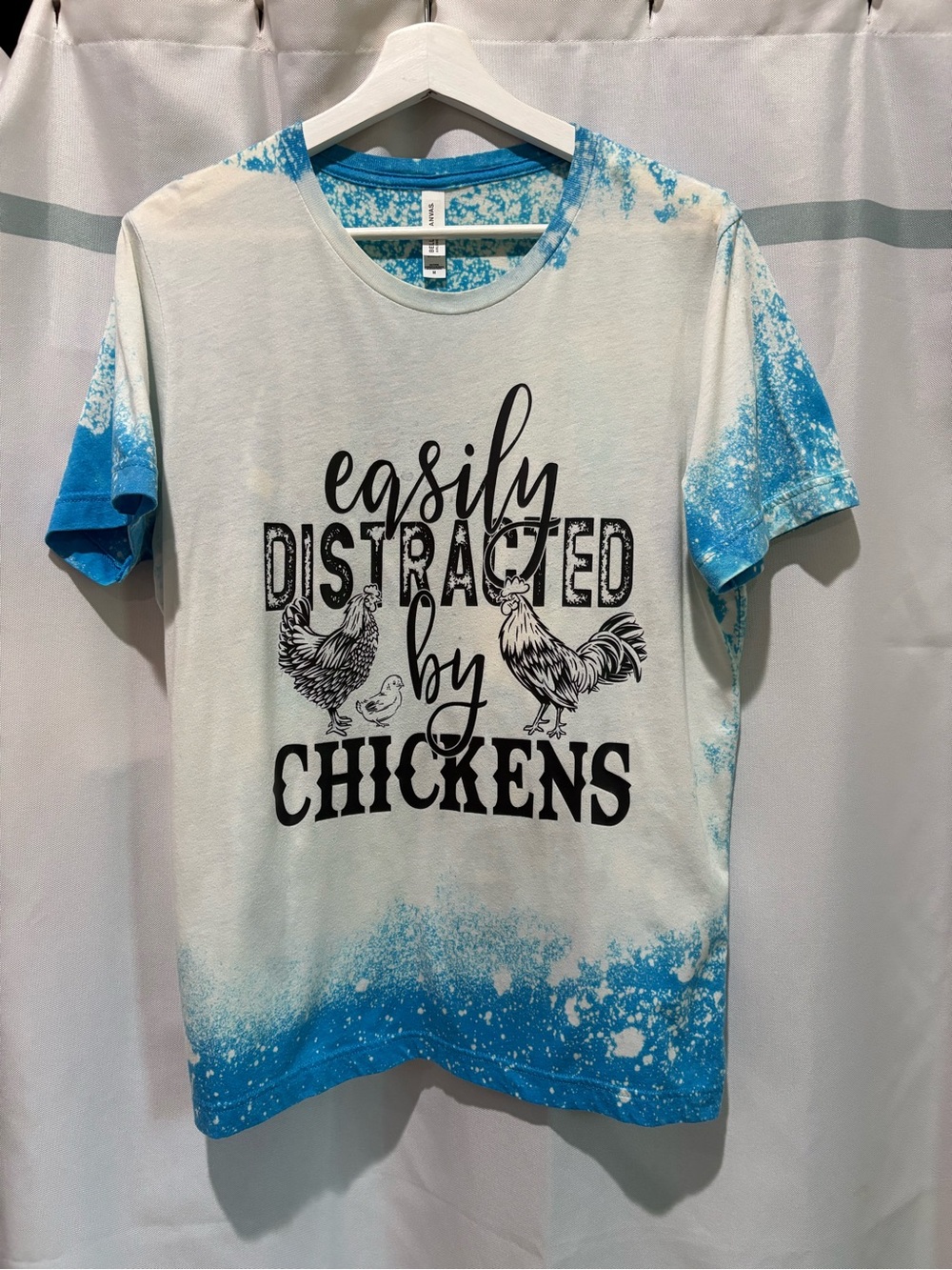 Bella Canvas White and Blue Tie-Dye 'Easily Distracted by Chickens' Tee